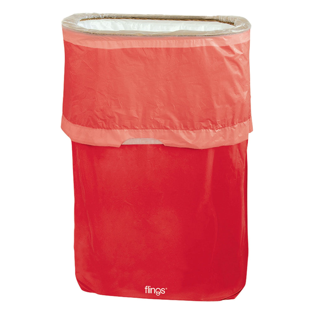 Red trash bin with a clear plastic bag on a white background
