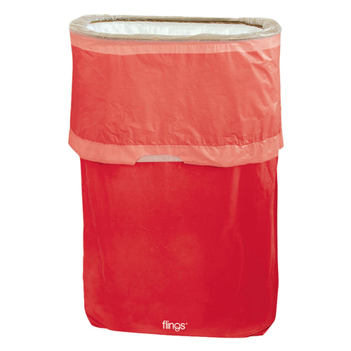 Red trash bin with a clear plastic bag on a white background