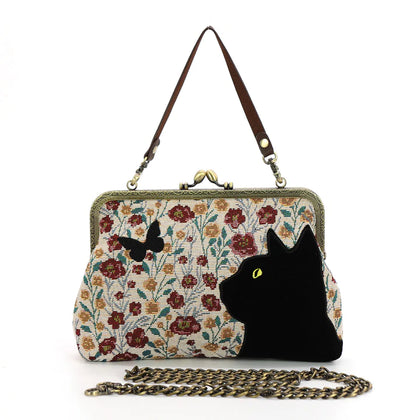 Floral Black Cat Kiss Lock Bag In Cotton Fabric