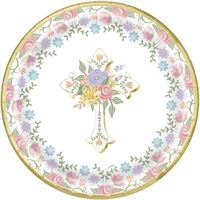 Floral Cross Round 9" Dinner Plates  8ct - Foil Stamping