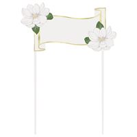 Decorative white card with gold border and floral elements on a white background
