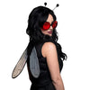 Person wearing a ladybug costume with wings and red sunglasses on a white background