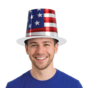 Man wearing an American flag-themed party hat on a white background