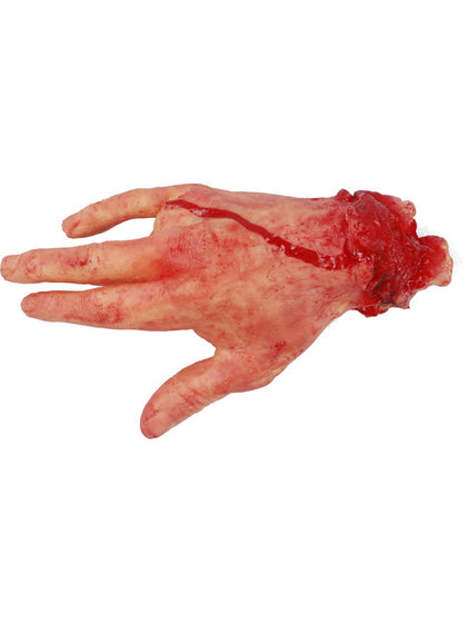 Gore-covered hand with red substance on a white background