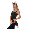 Woman wearing a black bodysuit with fox ears and tail on a white background