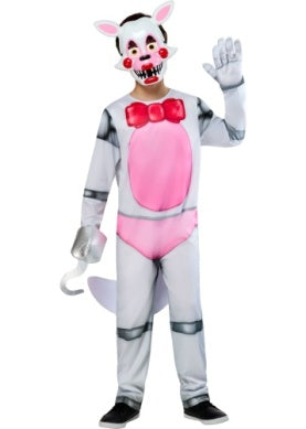 Person wearing a cartoonish cat costume with a pink belly and red bow tie on a white background