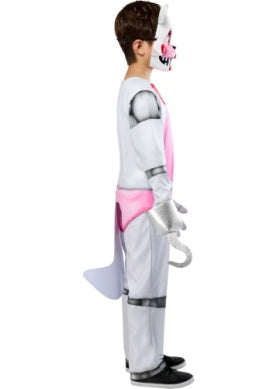 Child wearing a robot costume with pink accents on a white background