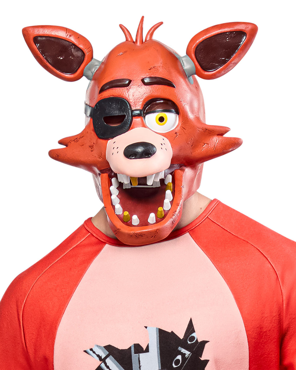 Person wearing a red mask with large ears and a cartoonish design on a white background