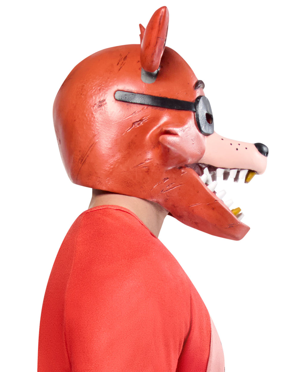 Person wearing a red fox mask with large ears and a prominent snout on a white background