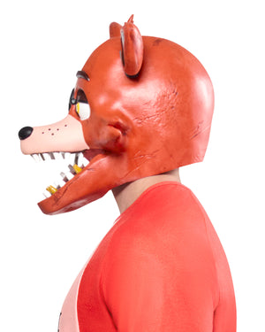 Person wearing a red fox mask on a white background