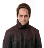 Person wearing a dark coat with bloodstains on a white background