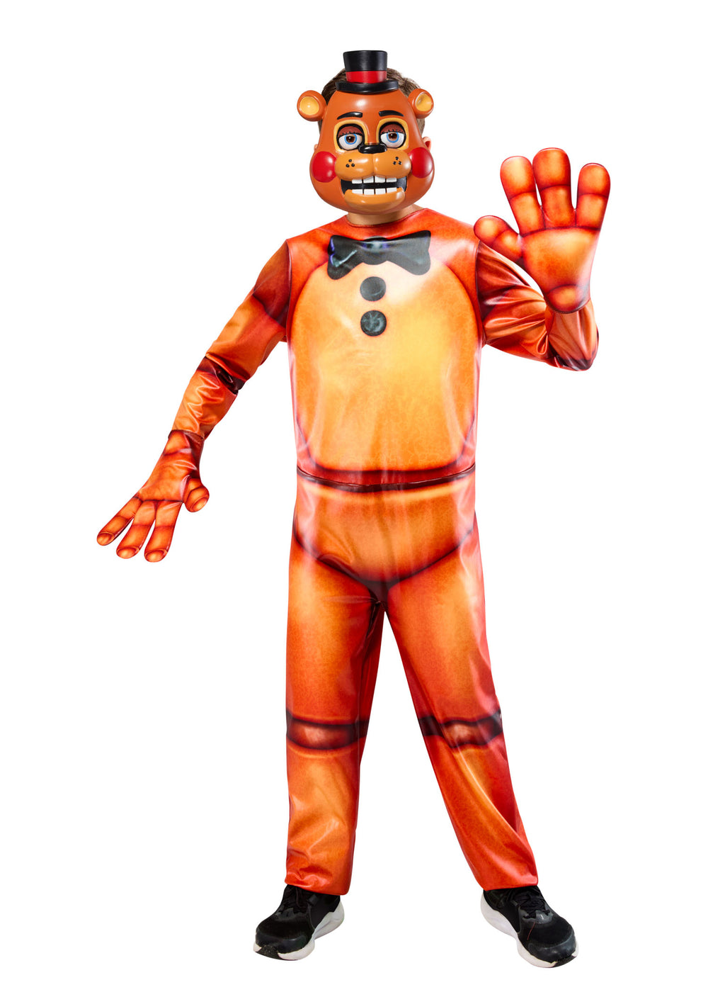 Orange costume with black accents on a white background