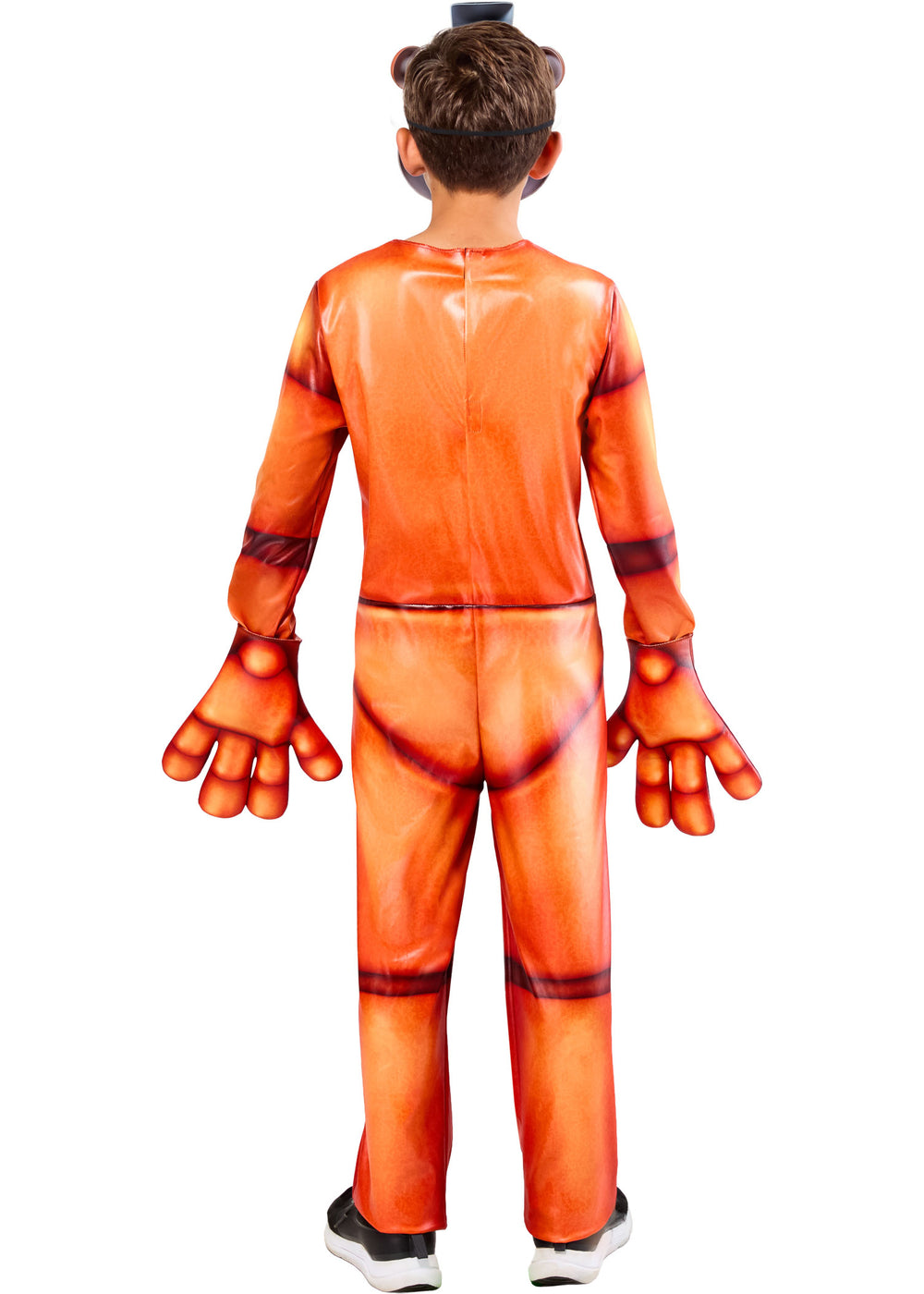 Child wearing an orange superhero costume with red accents on a white background
