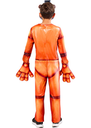 Child wearing an orange superhero costume with red accents on a white background
