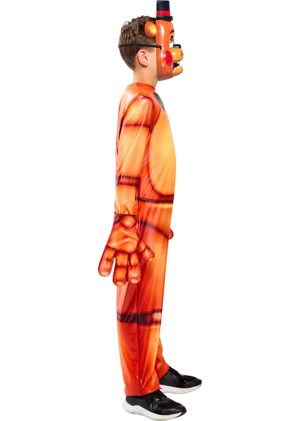 Child wearing a tiger-striped costume on a white background