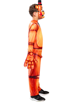 Child wearing a tiger-striped costume on a white background