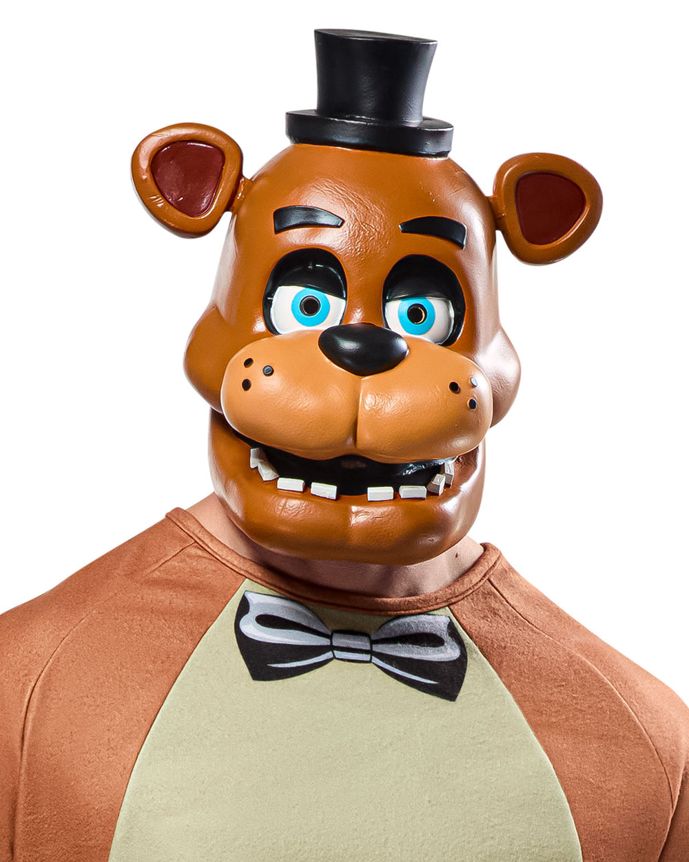 Mask resembling a cartoon character with a top hat and bow tie on a white background