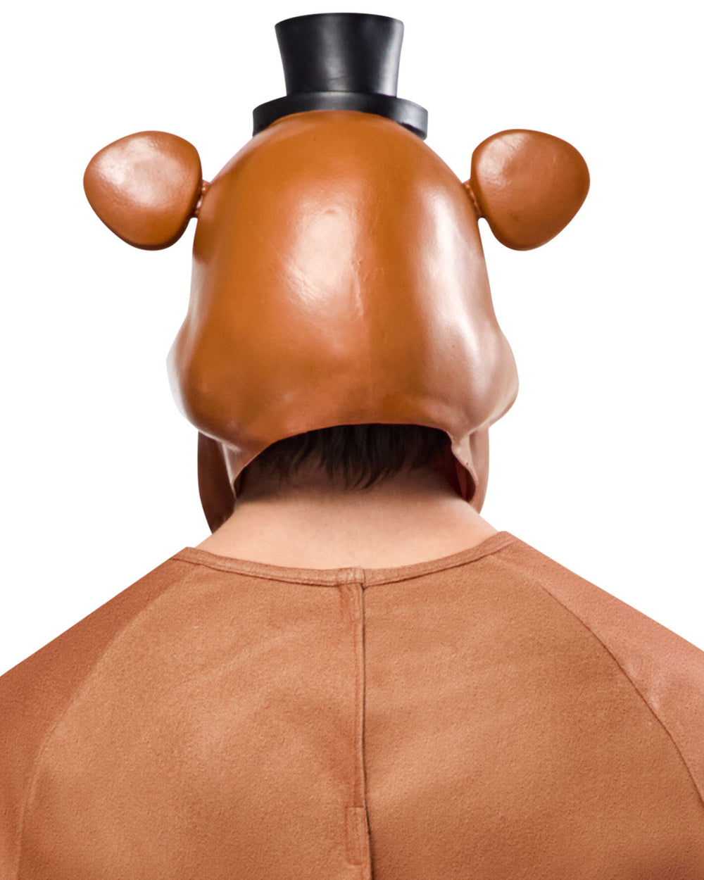 Brown leather dog mask with top hat on a white background