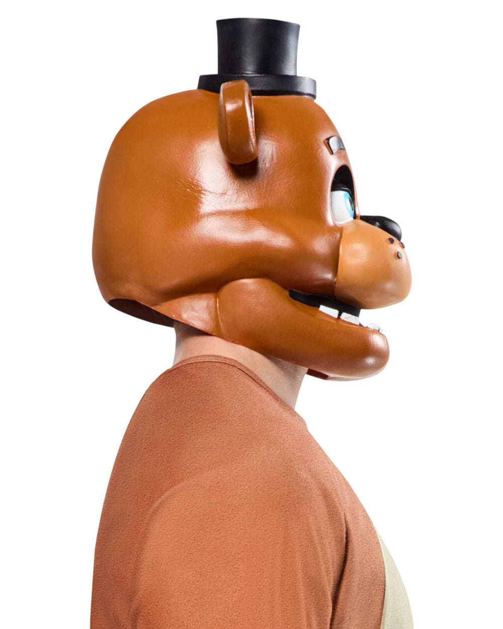Person wearing a brown mask with a top hat on a white background