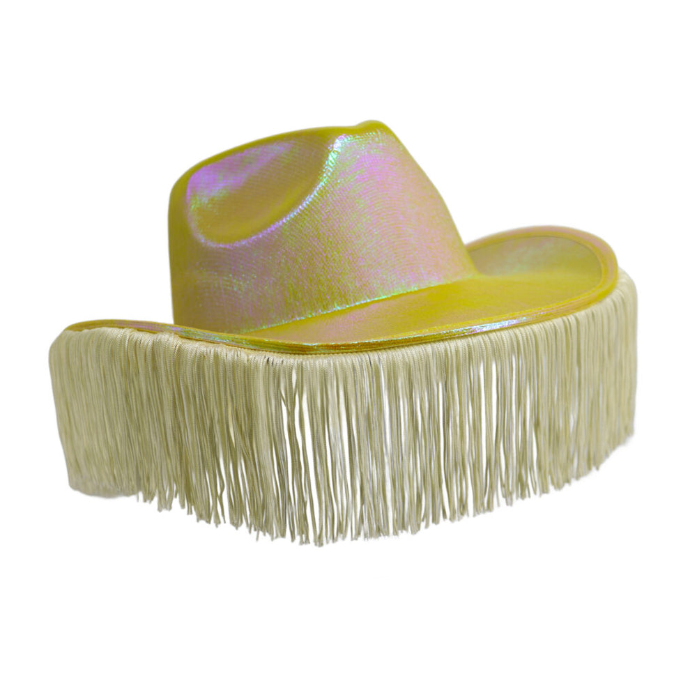 Iridescent cowboy hat with beige fringe on a white background