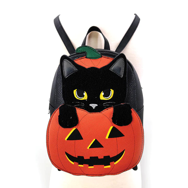 Furry Black Cat In Pumpkin Mini Backpack In Vinyl