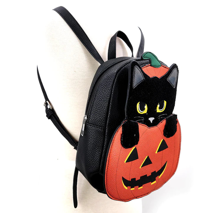 Furry Black Cat In Pumpkin Mini Backpack In Vinyl