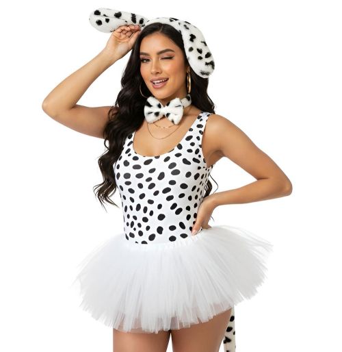 Person wearing a Dalmatian costume with a white background