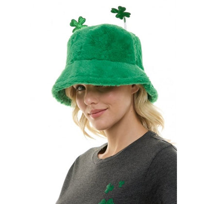 Fuzzy Green Bucket Hat With Shamrock Boppers