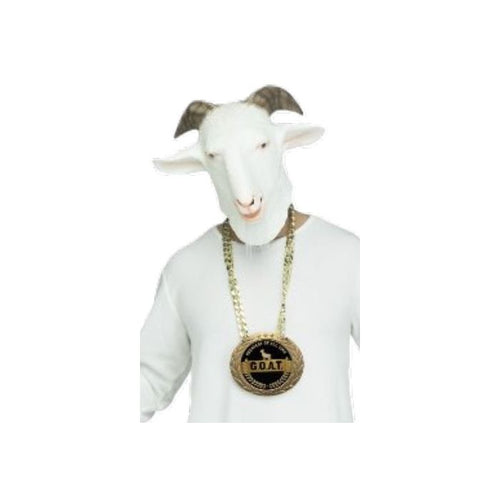 Person wearing a goat mask and gold chain with pendant on a white background