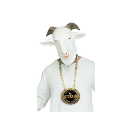 Person wearing a goat mask and gold chain with pendant on a white background