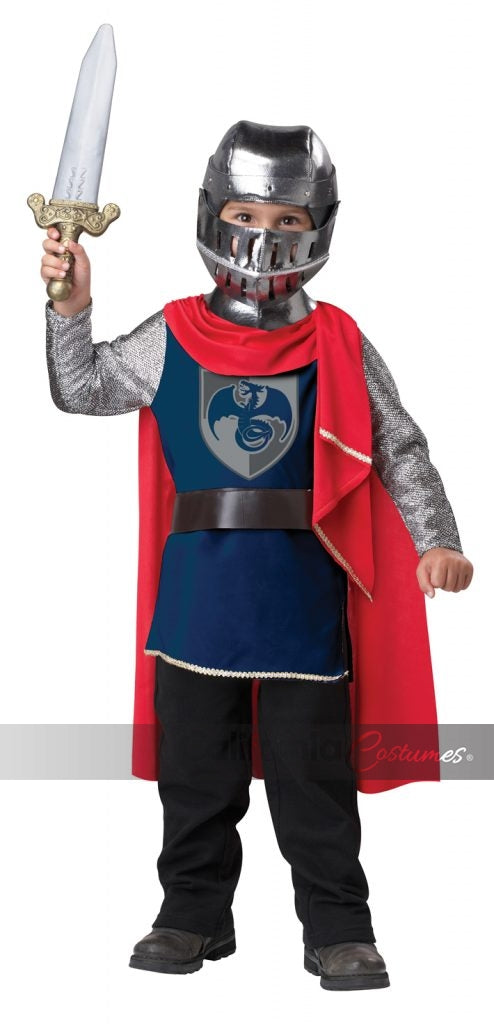 Child in a knight costume with armor, helmet, red cape, and sword on a white background