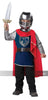 Child in a knight costume with armor, helmet, red cape, and sword on a white background
