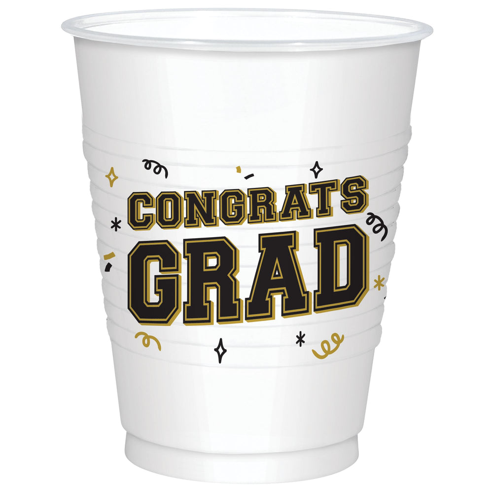 Clear plastic cup with 'Congrats Grad' text on a white background