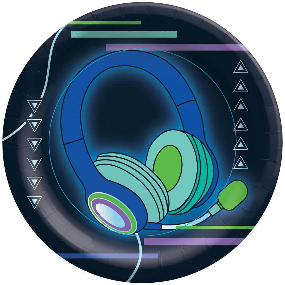 Decorative paper plate with blue and green headphones design on a black background