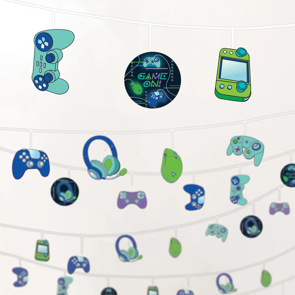 Decorative banner with gaming-themed icons on a white background