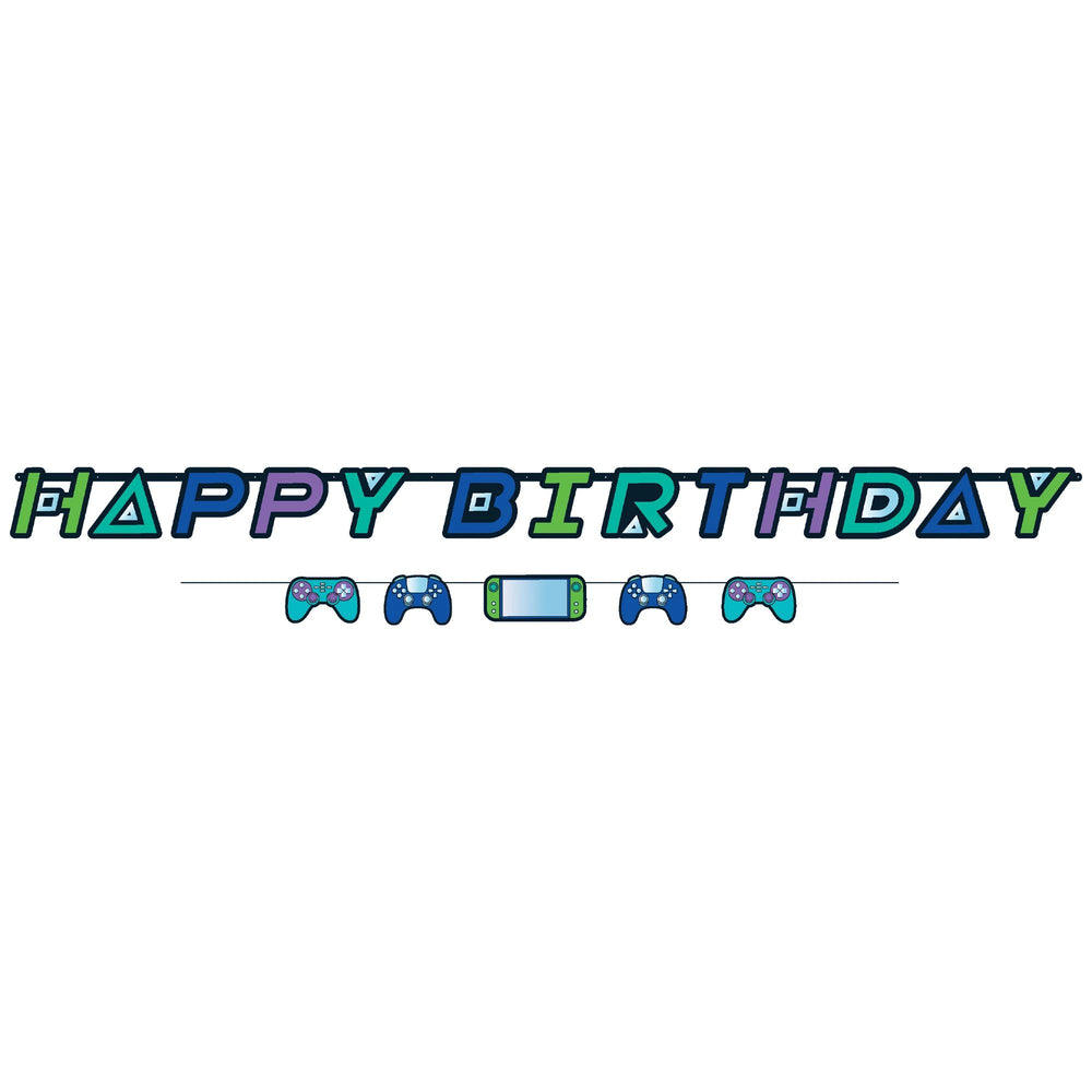 Colorful 'Happy Birthday' banner with gaming-themed decorations on a white background