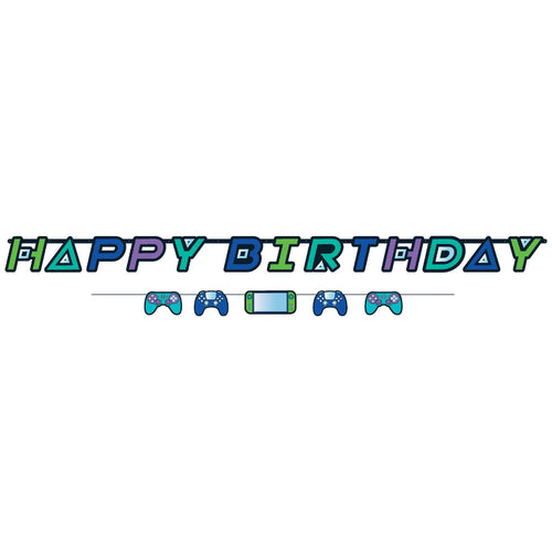 Colorful 'Happy Birthday' banner with gaming-themed decorations on a white background