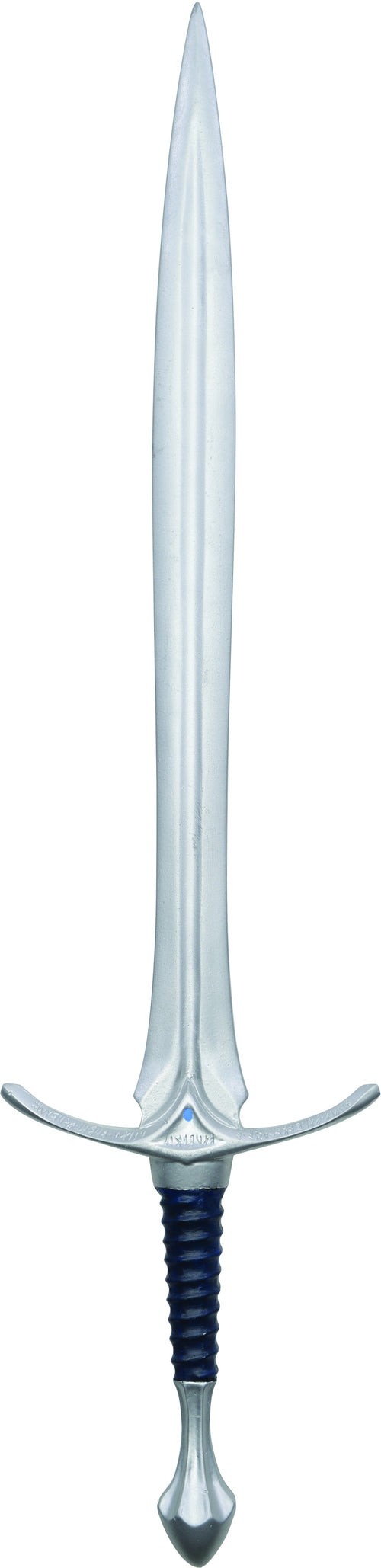 A fantasy-style sword with a long silver blade, curved silver crossguard, and a dark blue wrapped hilt, isolated on a white background.