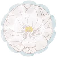 Illustration of a white flower with a yellow center on a light blue background