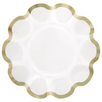 White paper plate with gold rim on a white background