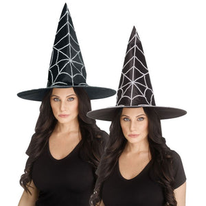 Two women wearing black witch hats with spider web designs on a white background
