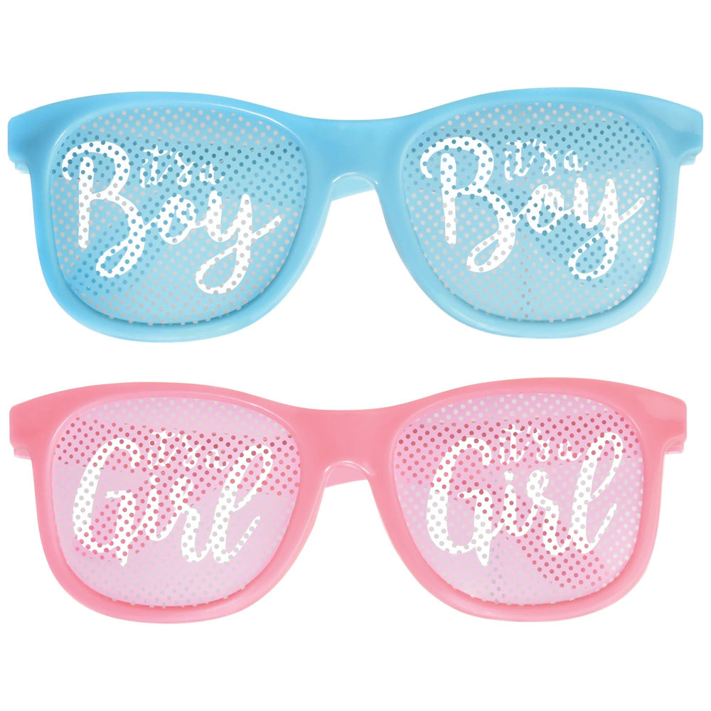 Two pairs of sunglasses with 'Boy' and 'Girl' text on a white background