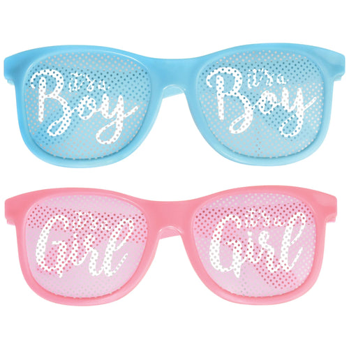 Two pairs of sunglasses with 'Boy' and 'Girl' text on a white background
