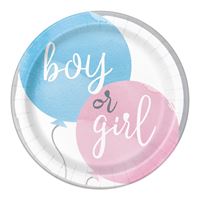 Paper plates with blue and pink balloons and 'boy or girl' text on a white background