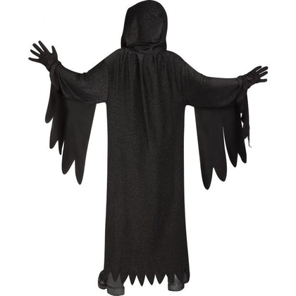 Black hooded robe with long sleeves on a white background