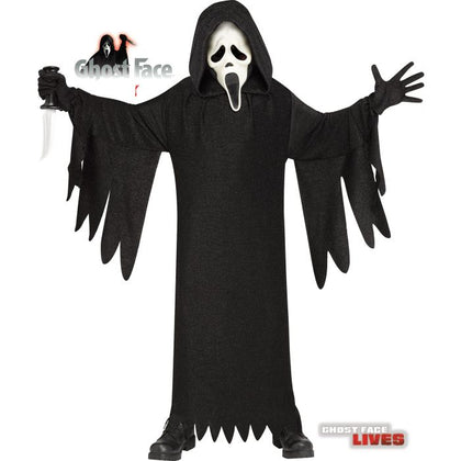 Halloween costume with black robe and white mask on a white background