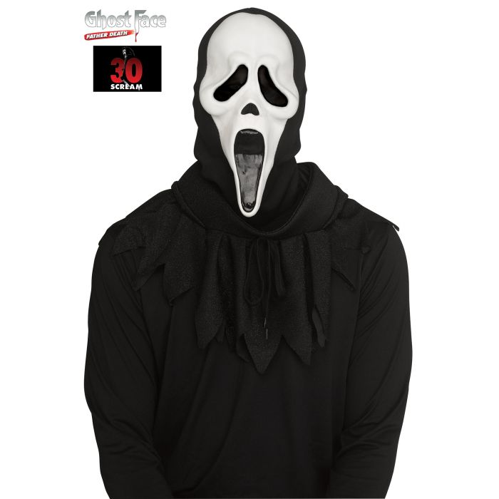 A person wearing a Ghost Face Halloween costume from Scram, featuring a white mask with black eye and mouth cutouts, a black hood, and a black ruffled robe. The Ghost Face by Scram logo is visible in the top left corner.