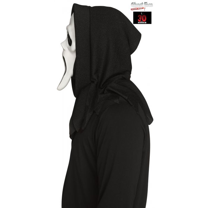 A person wearing a black hooded costume with a white mask covering the face, shown in side profile against a plain white background. A Ghost Face branded sticker is visible near the top right.