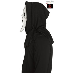 A person wearing a black hooded costume with a white mask covering the face, shown in side profile against a plain white background. A Ghost Face branded sticker is visible near the top right.