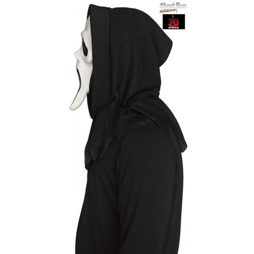A person wearing a black hooded costume with a white mask covering the face, shown in side profile against a plain white background. A Ghost Face branded sticker is visible near the top right.